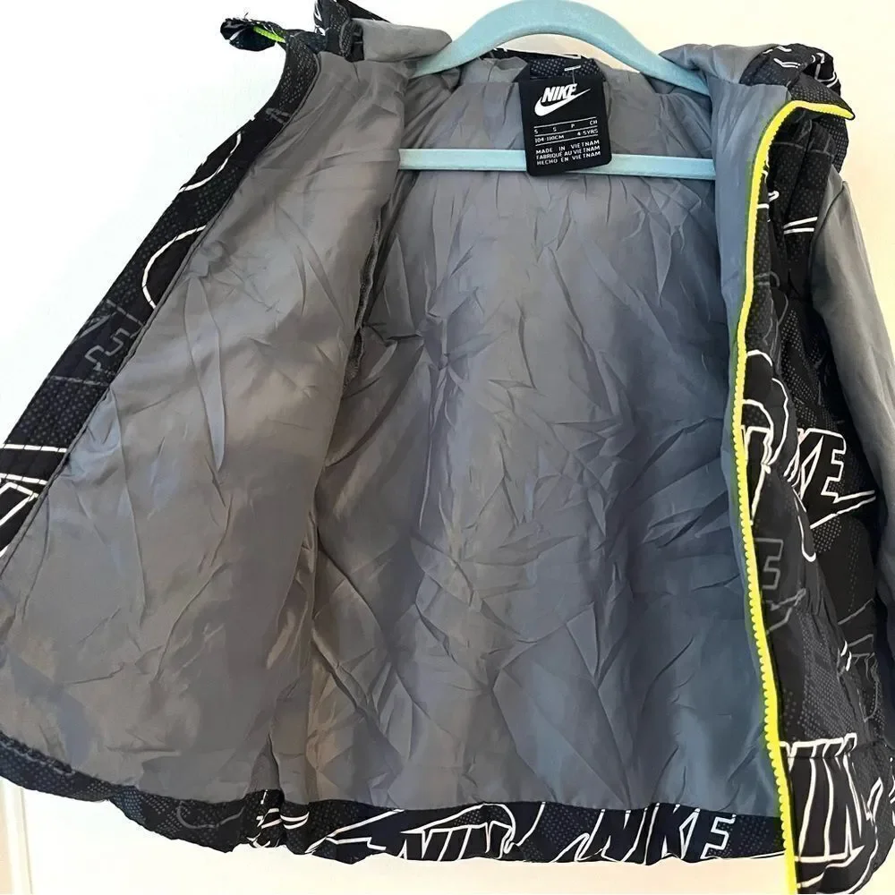 Nike‎ Boys Logo Print Black/Volt Size 4-5 Small Therma Padded Mock Vest Jacket
